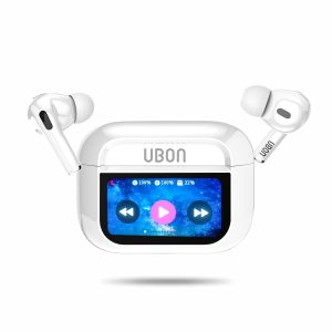 UBON J18 Future Pods with Built-in Display - Sport in-Ear Touch Wireless Earbuds, White