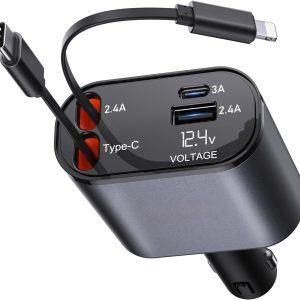 Weldots Retractable Car Charger 120W, 4 In 1 Fast Car Phone Charger, Retractable Cables, Type C + Lightening, Black