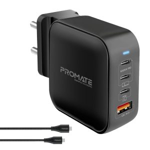 Promate GaNPort4 100W Gan Charger Adapter | 4-Ports GaN PD Wall Charger with 2 Type-C 100W Laptop Charger, Black