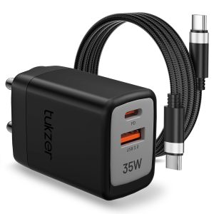 Tukzer 35W Dual Port GaN3 Ultra Fast Charger (Type C PD3.0 & USB QC3.0/ 5V~3A) (Black)
