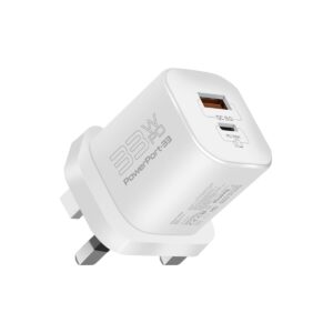 Promate 33W Gan Charger | Round Pin Dual Port Fast QC+PD Adapter with Qualcomm Quick Charge | (White)