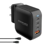 Promate GaNPort4 100W Gan Charger Adapter | 4-Ports GaN PD Wall Charger with 2 Type-C 100W Laptop Charger, Black
