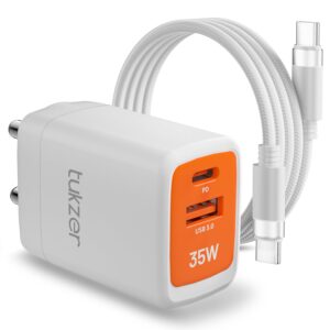 Tukzer 35W Dual Port GaN3 Ultra Fast Charger (Type C PD3.0 & USB QC3.0/ 5V~3A) (White)